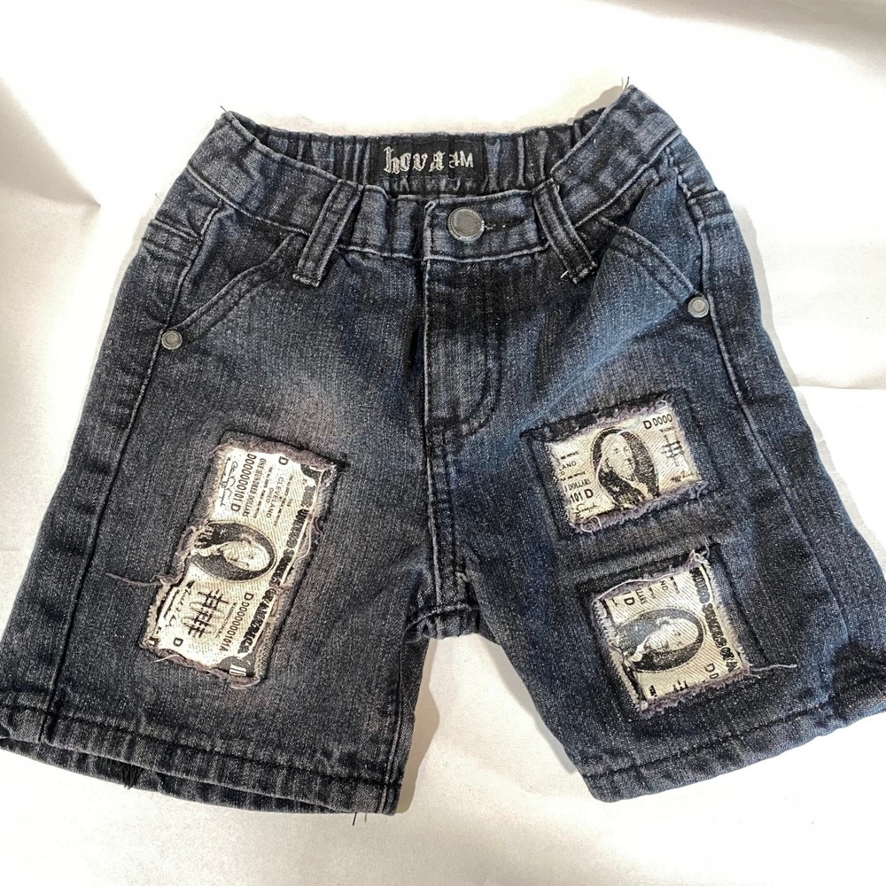 Hova Kids Dark Wash Denim Money Patch Distressed Shorts 24 Months